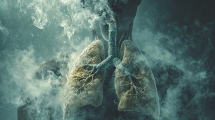 Dangerous cigarette smoke causing damage to lungs. Lung disease from smoking tobacco in gray studio, generative ai - obrazy, fototapety, plakaty
