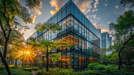 Obraz premium Eco-friendly building in the modern city. Sustainable glass office building with tree for reducing carbon dioxide. Office building with green environment. Corporate building reduce CO2,generative ai