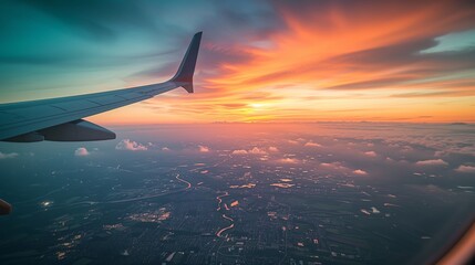Aerial View from Airplane Window at Sunset