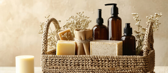 Fototapeta na wymiar Natural Soap and Spa Products in Wicker Basket