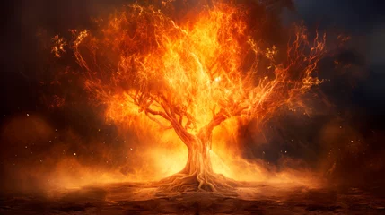 Rolgordijnen Lone tree blazing with intense flames against dark, smoky background. Fire engulfs branches, transforming tree into fiery spectacle destruction, transformation or passion. Forest fires.Strong emotions © stateronz