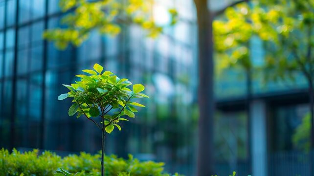 Eco-friendly building in the modern city. Sustainable glass office building with tree for reducing carbon dioxide. Office building with green environment. Corporate building reduce CO2,generative ai
