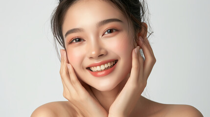 Close-up of a joyful young lady with a perfect smile. The image is AI Generative.