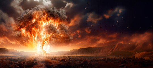 Lone tree blazing with intense flames against dark, smoky background. Fire engulfs branches, transforming tree into fiery spectacle destruction, transformation or passion. Forest fires.Strong emotions - obrazy, fototapety, plakaty