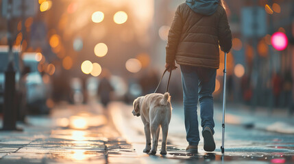 A man and his guide dog walk down a wet urban street as the city lights reflect around them. AI Generative.