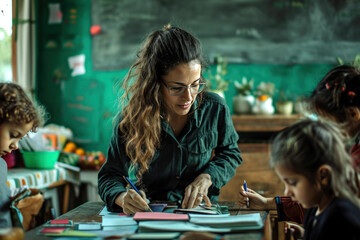 Fototapeta premium Happy Kids And Teacher At School, Generative ai