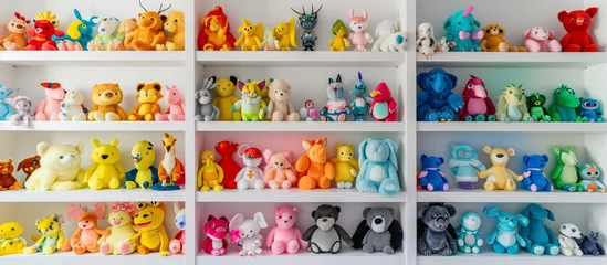 Tuinposter Colorful Plush Toys Collection on White Shelves © Susanti