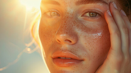 Sunflare graces the freckled face of a thoughtful woman in this golden hour portrait is AI Generative.