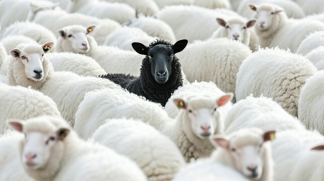 A black sheep in the midst of a white flock, exemplifying the concept of being unique – this image is AI Generative.