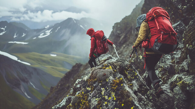 Hikers navigating treacherous mountain terrain, representing resilience and exploration – this image is AI Generative.