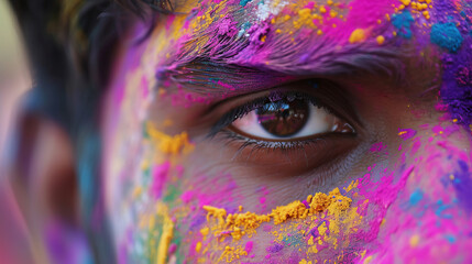A close-up of a person's eye during Holi, the Indian festival of colors, symbolizing human emotion and the vividness of generative AI.