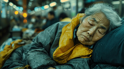 Fototapeta premium 災害時に避難所で不安な一夜を過ごすアジア人高齢者 