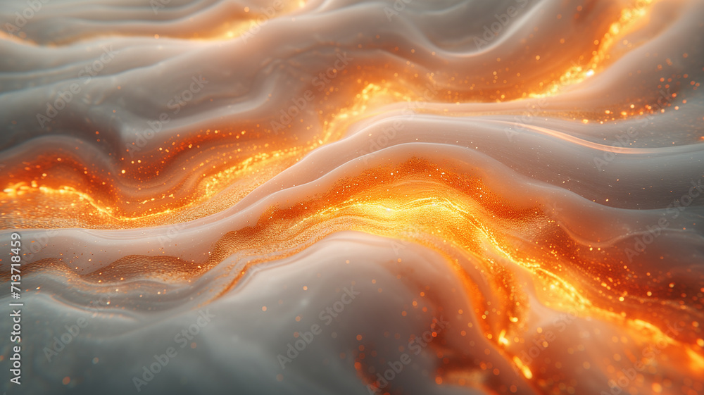 Poster 3d render of abstract wavy surface with glowing particles. futuristic background with dynamic waves.