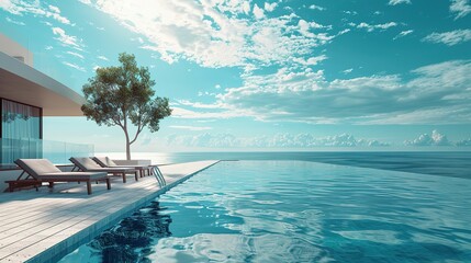 Obraz premium Sea view. Luxury modern white beach hotel with swimming pool. Sunbed on sundeck for vacation home or hotel. Generative ai Edited