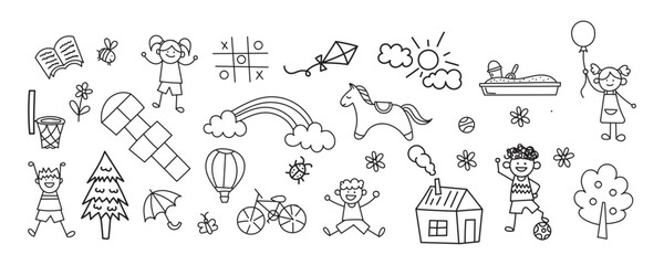 Set of funny kids and children playground. Swing, slide, teeter and sandbox in doodle style. Kid drawing of house, rainbow,tree. Hand drawn vector illustration on white background.  - obrazy, fototapety, plakaty