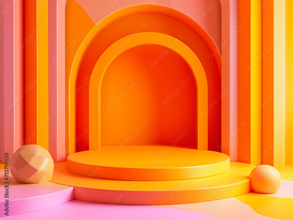 Poster 3d empty product display podium for presentations. central circular stage and spherical elements fea