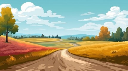 beautiful landscape nature mountain view background illustration with road