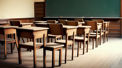 Empty classroom. Classroom interior vintage wooden lecture. Studying lessons in secondary education.