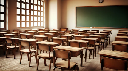 Empty classroom. Classroom interior vintage wooden lecture. Studying lessons in secondary education.