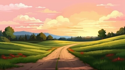 beautiful landscape nature mountain view background illustration with road