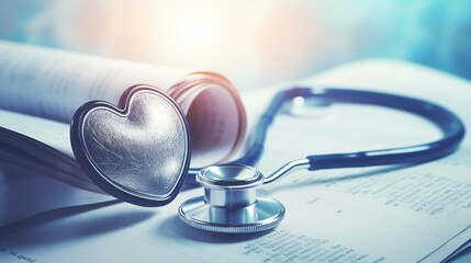 Medical stethoscope twisted in heart shape lying on patient medical history list and blue doctor uniform closeup - obrazy, fototapety, plakaty