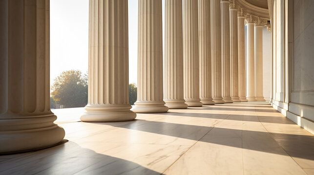 base lonic columns at jefferson memorial in washington with sunlight