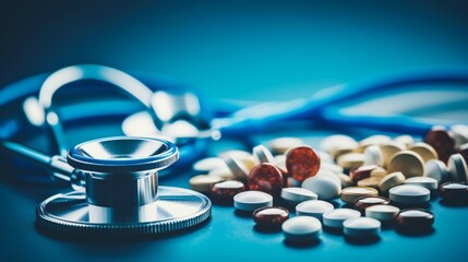 On a blue background lies a stethoscope, pills and a syringe