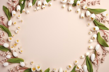 Naklejka na ściany i meble spring composition. A circle of buds and white blossoming apple flowers on a beige light pastel background. Flat lay, top view, copy space