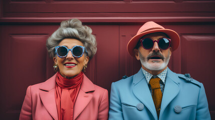 Older couple - quirky and eccentric - staying young - keeping active - stylish fashion - brick wall...
