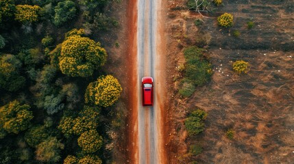 A car on the road, forest environment, top view. 
Travel concept.