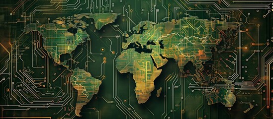 Green Circuit Board in World Map Configuration Signifying Connectivity - obrazy, fototapety, plakaty