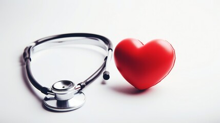 Stethoscope placing on red heart to check heart beat on white background; healthcare concep