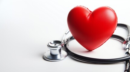 Stethoscope placing on red heart to check heart beat on white background; healthcare concep