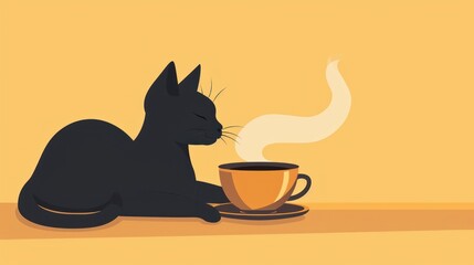 Cartoon a cat and cup of coffee, flat design.