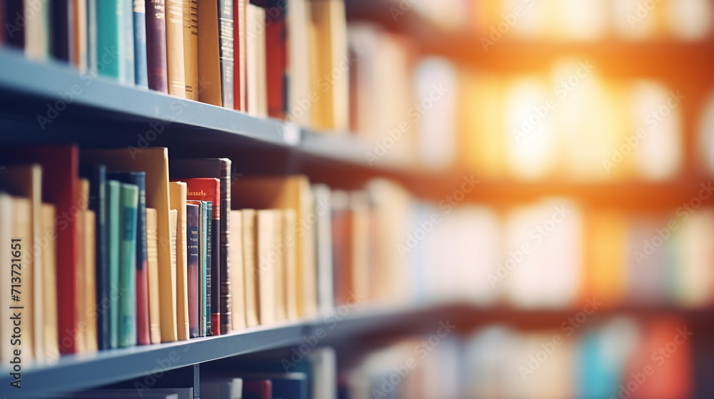Poster stack of books in the library and blur bookshelf background with blur light