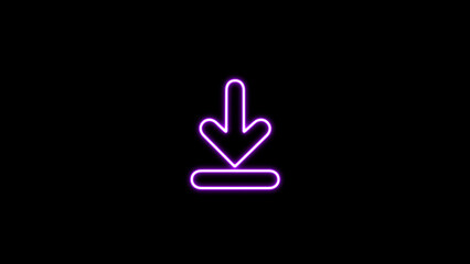 Neon glowing download icon, sign, button, symbol isolated on black background.