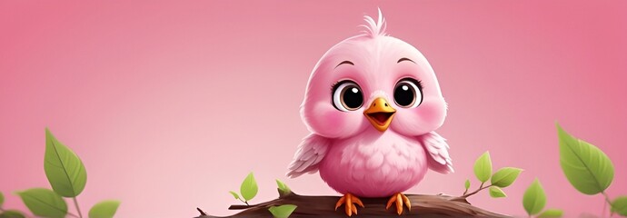 A Cute Cartoon Baby Bird in a Light pink background like Haven, Sporting a Delightful Smile and Gazing Up with Playful Wonder