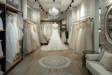 Elegant bridal boutique with designer gowns and luxurious fittings
