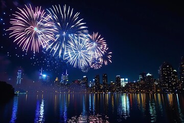 Fototapeta premium Spectacular fireworks display over a city skyline