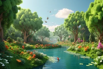 Foto auf Acrylglas Fantasielandschaft illustration of forest flora and fauna