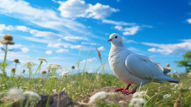 A white pigeon is sitting on the grass under ai generative image