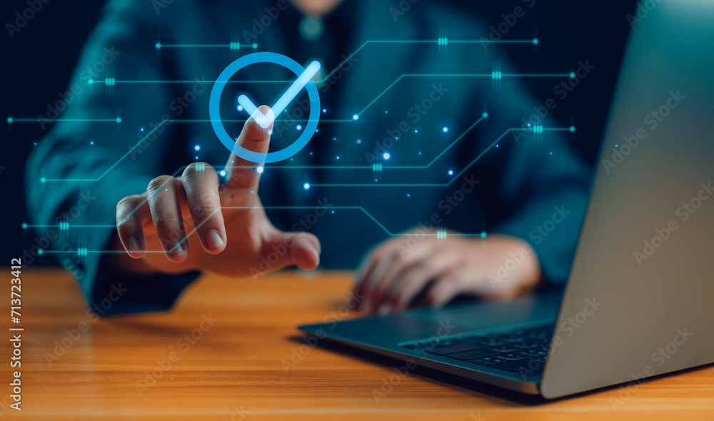 Poster Service guarantee, Validation concept for business process automation, quality assurance management, certification, digital transformation. Businessman touching checked icon on virtual screen.