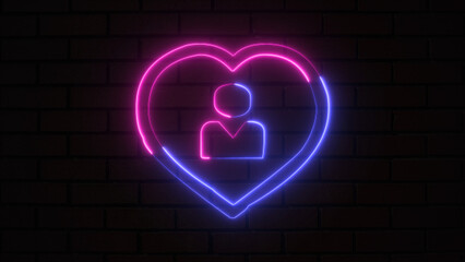 Shining neon heart shape with lovely bird sign. Abstract background with bright pink and blue neon heart shape.
