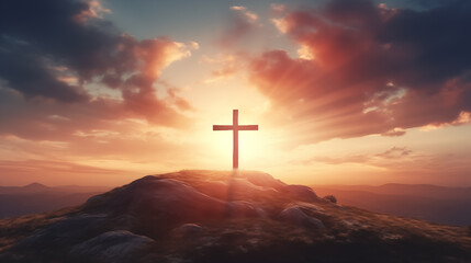 Silhouette jesus lord cross symbol on Calvary mountain sunset background. crucifixion of Jesus,...