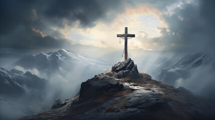 Silhouette jesus lord cross symbol on Calvary mountain sunset background. crucifixion of Jesus, crucifixion, religion and christianity, Christian worship god, Easter day or resurrection concept - obrazy, fototapety, plakaty
