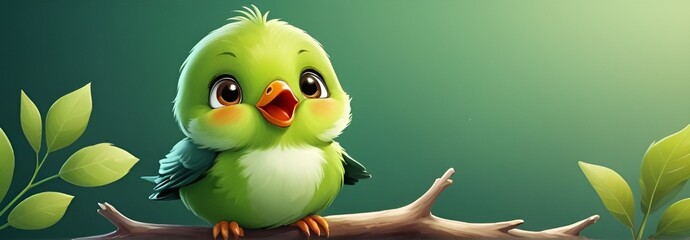 A Cute Cartoon Baby Bird in a Light Green background like Haven, Sporting a Delightful Smile and Gazing Up with Playful Wonder