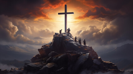 Silhouette jesus lord cross symbol on Calvary mountain sunset background. crucifixion of Jesus, crucifixion, religion and christianity, Christian worship god, Easter day or resurrection concept - obrazy, fototapety, plakaty