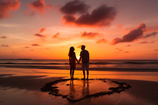 A romantic couple are holding hands together on the beach with heart drawing on the sand and beautiful and colorful sunset background