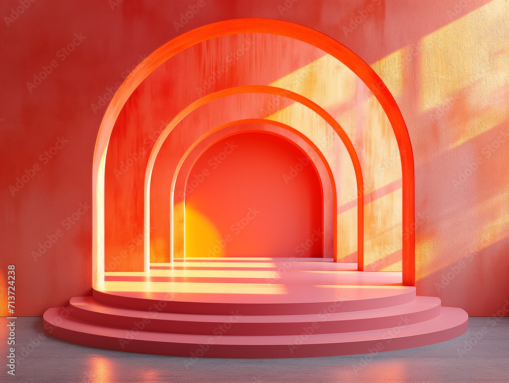 Poster 3d empty product display podium for presentations. a archway with podium bathed in the warm glow of 