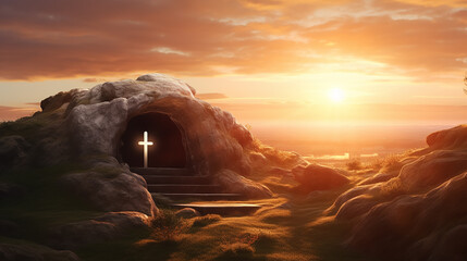 Religious Easter background light rays shining through the entrance into the empty stone tomb. Artistic strong vignette, Jesus's tomb at sunrise, Easter day or resurrection of jesus christ concept